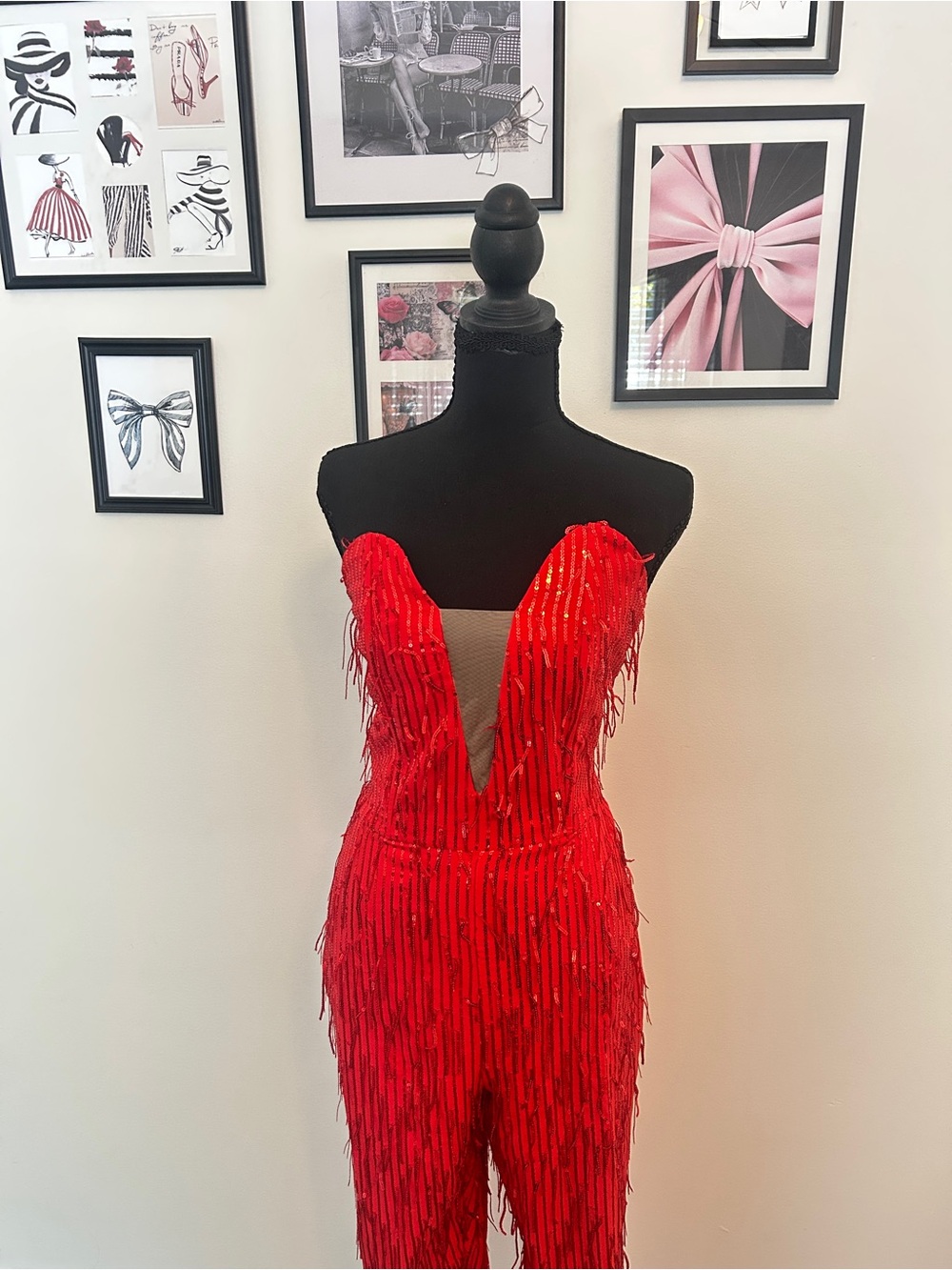 Fashion Nova Red Strapless Sequin Fringe Jumpsuit